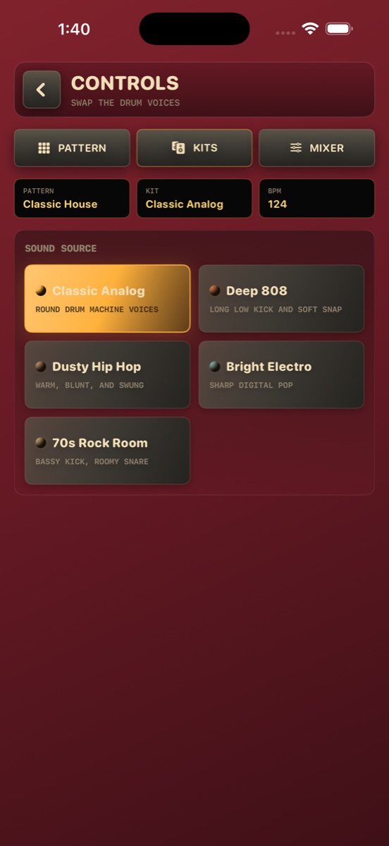 Drum Daddy kit selection controls.
