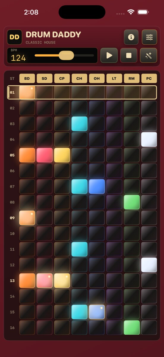 Drum Daddy main 16-step sequencer with tap tempo and direct BPM controls.